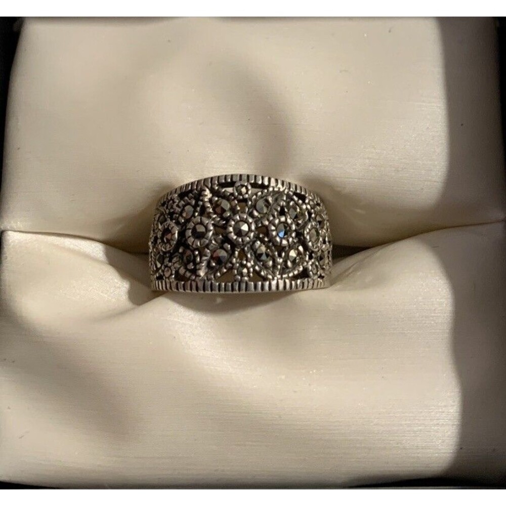 Vintage Sterling Silver Marcasite Floral Ring 8 Wide Band Heavy